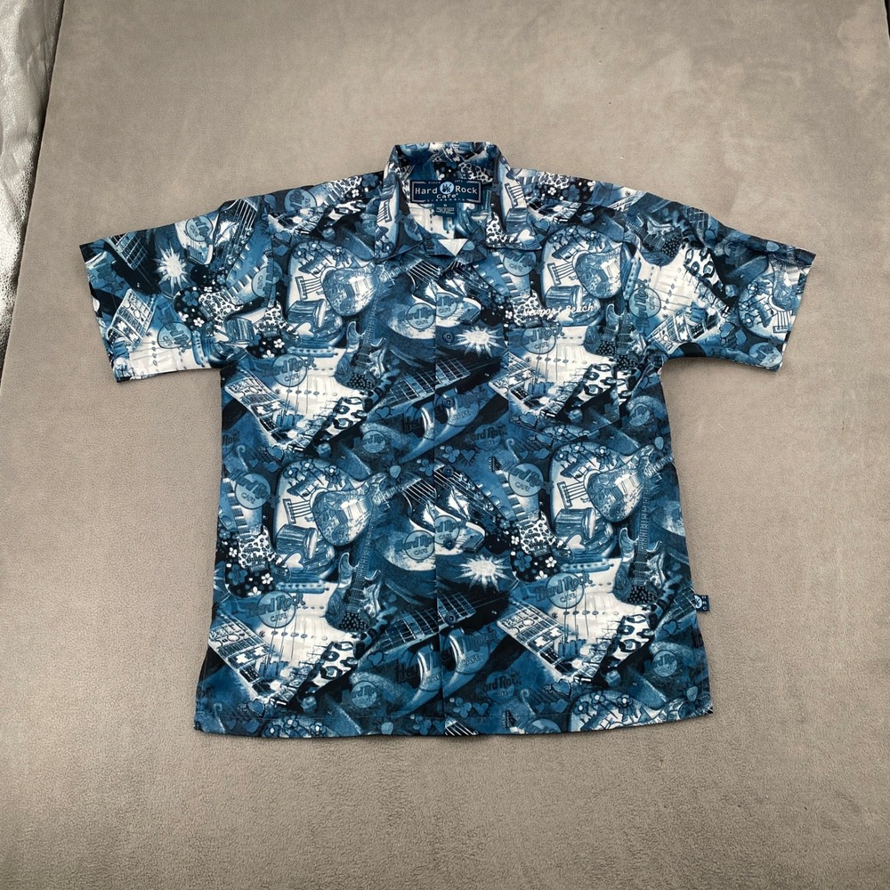 Hard Rock Cafe Newport Beach Mens Small Blue Guitar All Over Print Camp Shirt
